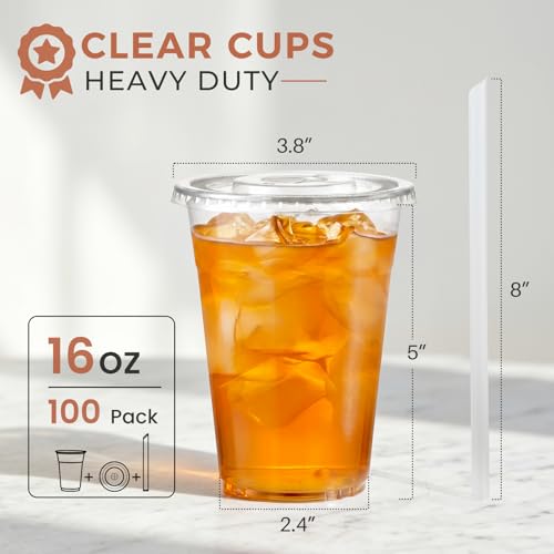 VITEVER [100 Sets - 16oz] Clear Plastic Cups with Lids and - Product Imagery