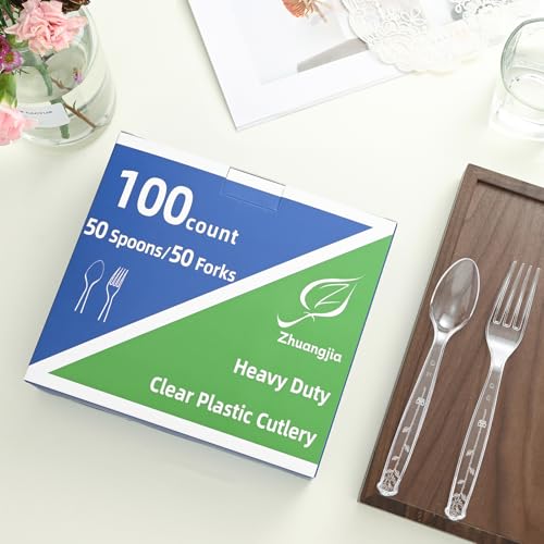 100 Count Plastic Silverware Heavy Duty 50Forks50Spoons - Product Imagery
