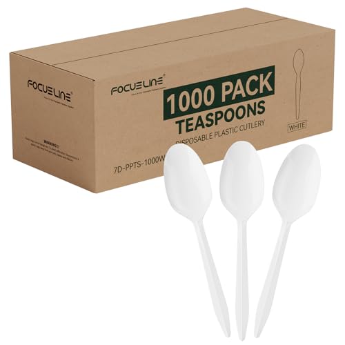 FOCUSLINE 1000 Pack Plastic Teaspoons White, Disposable Spoons - Product Imagery