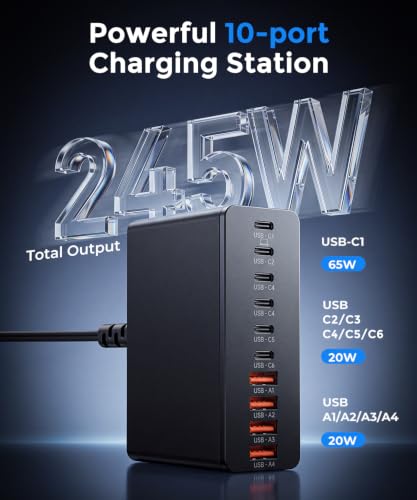 Roruite USB C Charging Station 10 Port with 4 Cables,245W GaN - Roruite