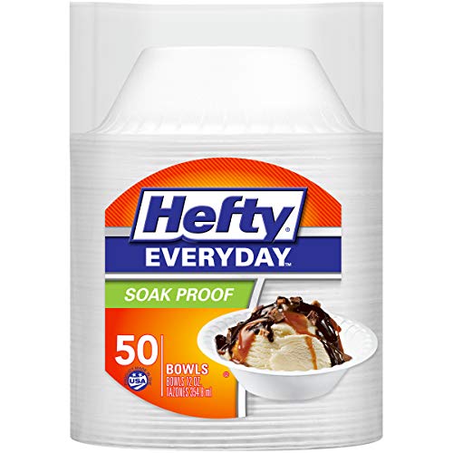 Hefty Everyday Soak Proof Foam Bowls, White, 12oz, 50ct - Product Imagery