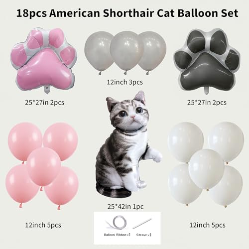 18PCS Gray Tabby Cat Balloon Set – Giant Kitten Foil Balloon, - Product Imagery