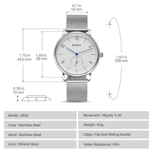 BERNY Silver Watch for Men & Women, Fashion Dress Unisex Quartz - Product Imagery