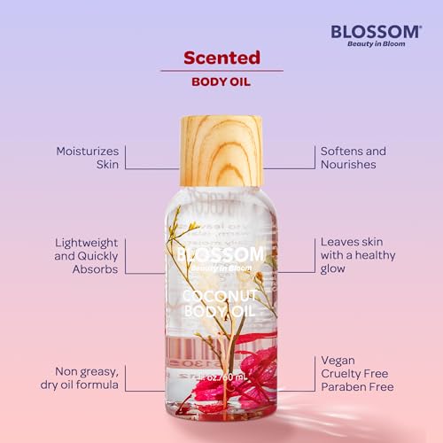 Blossom Dry Body Oil with Real Flowers, Red, Coconut, 2 fl oz - Product Imagery