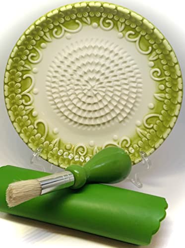 Premium Ceramic Garlic Grater Plate Set - Green Embossed - Product Imagery