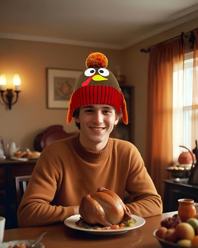 QLINLEAF Thanksgiving Pom Pom Beanie Hats, Turkey Trots Dress Up - Product Imagery
