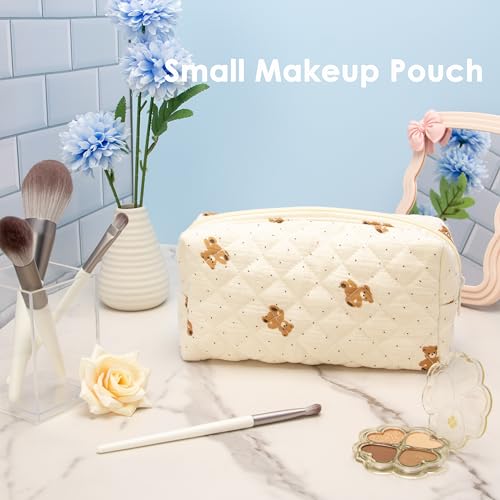 Small Quilted Makeup Bag,Zipper Cosmetic Pouch,Gauze Bear - Product Imagery