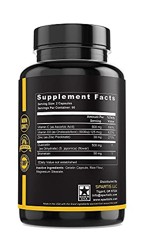 Zinc Quercetin 500mg with Vitamin C Vitamin D3 Bromelain Immune - Product Imagery