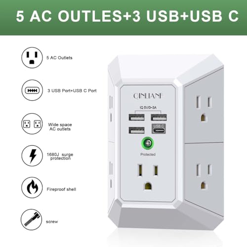 Wall Charger, Surge Protector, QINLIANF 5 Outlet Extender with 4 - Product Imagery