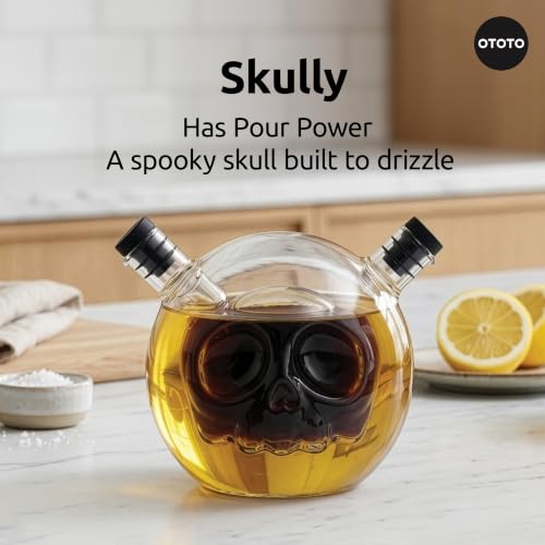 OTOTO 2-in-1 Glass Oil and Vinegar Cruet - Skull Oil Dispenser - Product Imagery