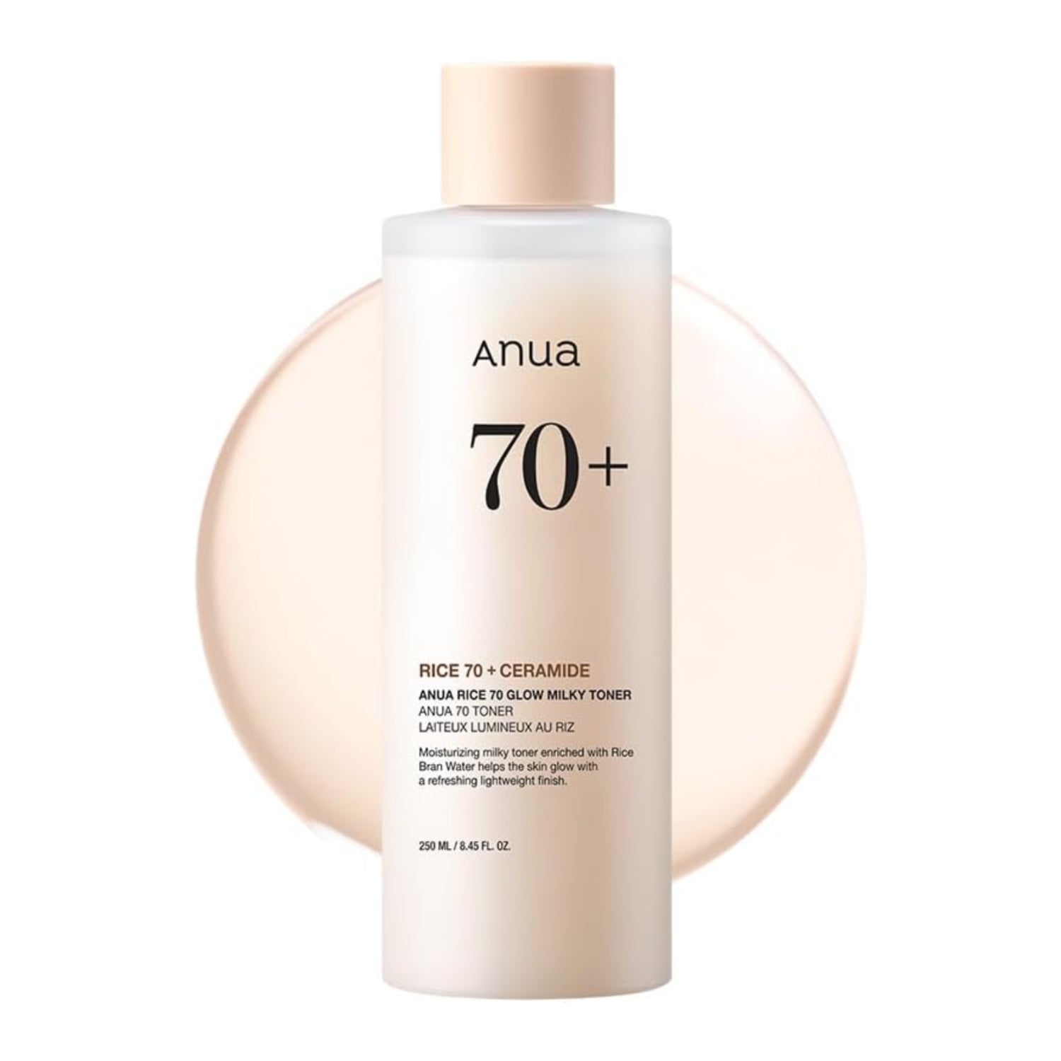 ANUA Rice 70 Glow Milky Toner bottle with glass packaging, highlighting hydrating, barrier-boosting skincare for dewy, radiant skin.