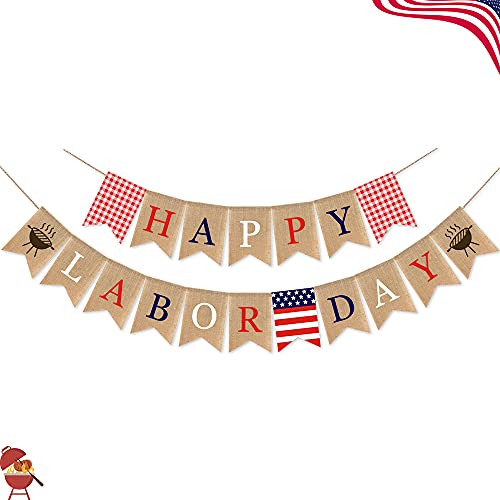 SWYOUN Burlap Happy Labor Day Banner with Grill BBQ Theme Party - Product Imagery