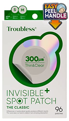 Invisible Pimple Spot Patch - Classic, Hydrocolloid Acne Patches for Face | Ultra Thin Acne Patches with Easy Peel Handle | Overnight Pimple Patches | 2 Sizes, 96 Count (Pack of 1) - Troubless Official Product View 1