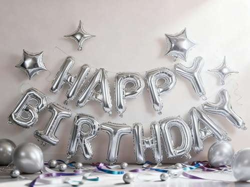 Silver Happy Birthday Balloons Banner Sign Mylar letter Party - Product Imagery