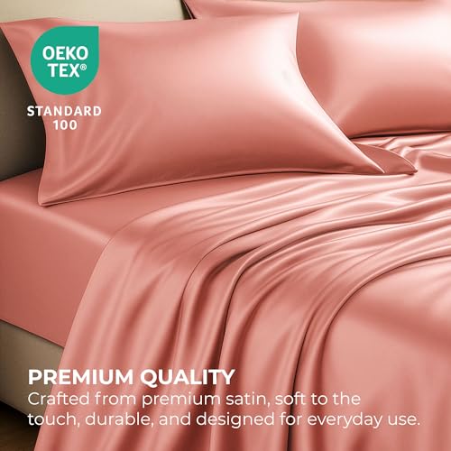 Satin Sheets Twin [3-Piece, Blush Pink] Hotel Luxury Silky Bed - Product Imagery