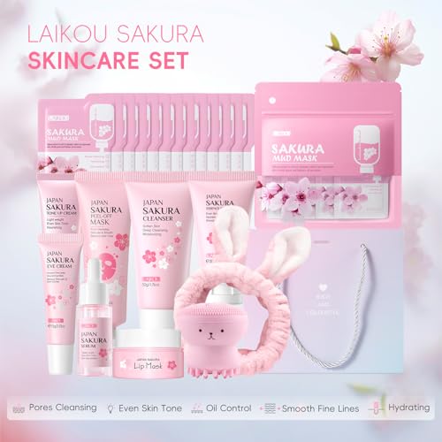 LAIKOU Sakura Skincare Set for Teen Girls, Complete Face Care - Product Imagery