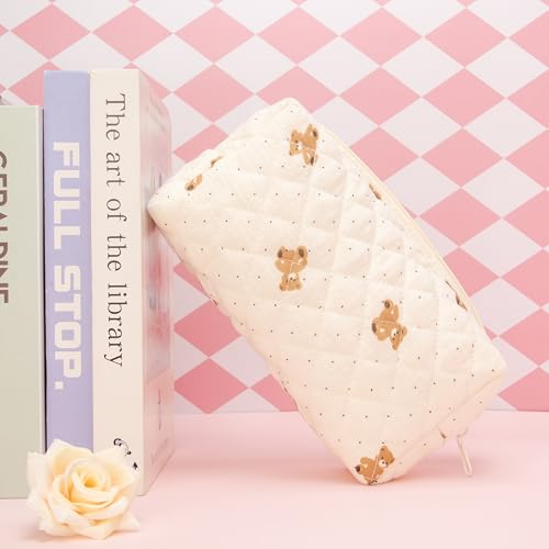 Small Quilted Makeup Bag,Zipper Cosmetic Pouch,Gauze Bear - Product Imagery