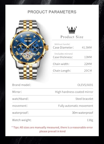 OLEVS Mens Automatic Watch Luxury Dress Diamond Self Winding - Product Imagery