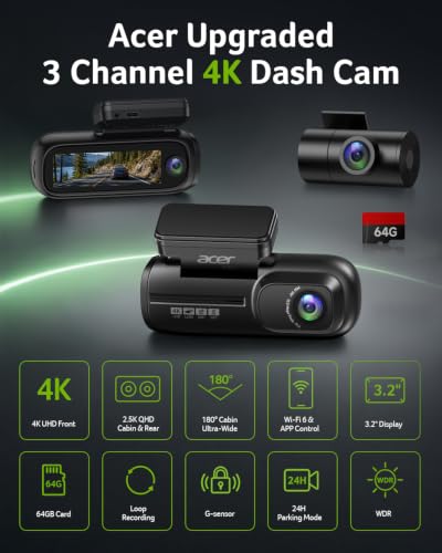Acer Gadget 4K 3 Channel Dash Cam Front and Rear Inside 64GB - Product Imagery