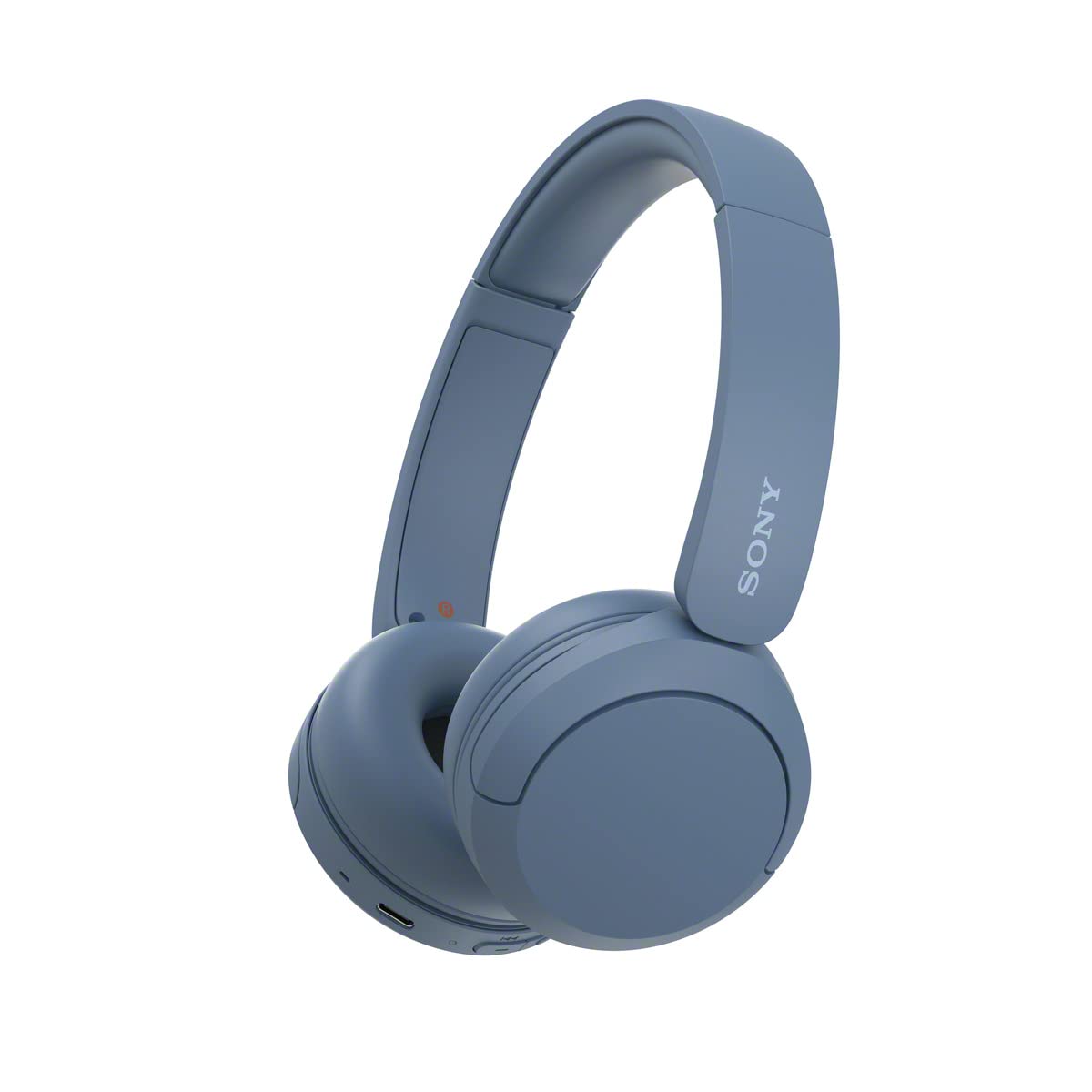 Sony WH-CH520 wireless on-ear Bluetooth headphones in blue with microphone, showing the sleek design and comfortable ear cushions.
