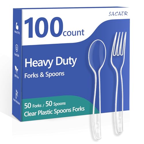 SACATR 100 Count Clear Plastic Silverware Heavy Duty -50 Forks, - Product Imagery