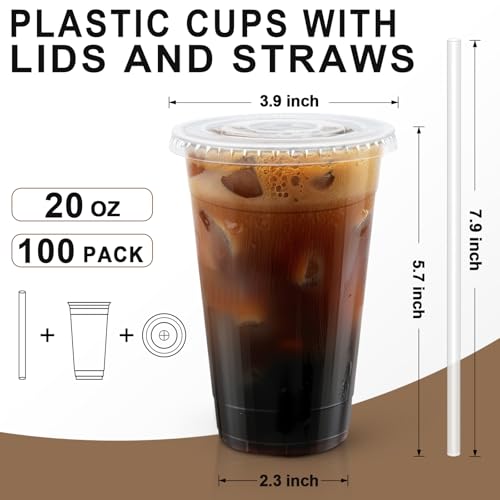 Lamosi 100 Pack 20 oz Plastic Coffee Cups with Lids, Disposable - Product Imagery