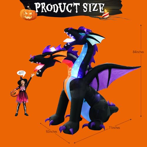 7FT Tall Halloween Inflatables Dragon with 2 Heads, Fire and Ice - Product Imagery