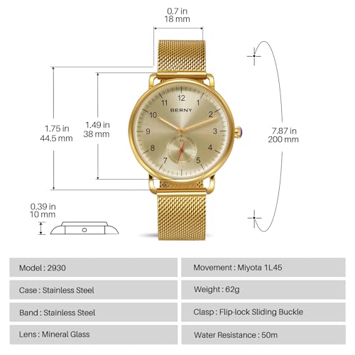 BERNY Gold Watch for Men & Women, Fashion Unisex Quartz - Product Imagery