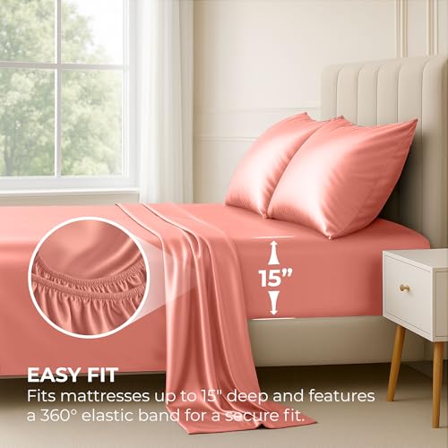 Satin Sheets Twin [3-Piece, Blush Pink] Hotel Luxury Silky Bed - Product Imagery