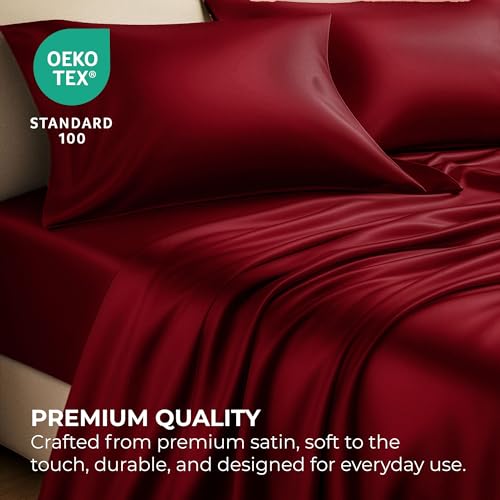 Satin Sheets Twin [3-Piece, Burgundy] Hotel Luxury Silky Bed - Product Imagery