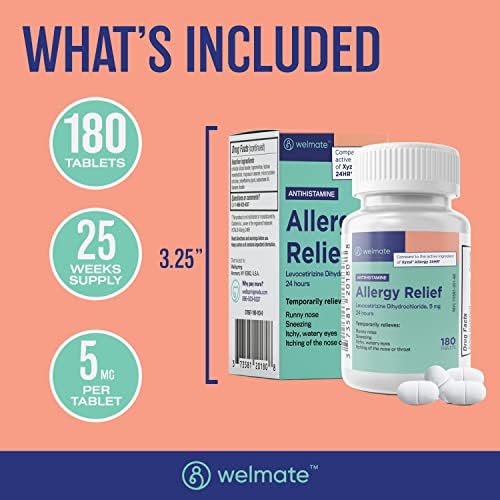WELMATE Levocetirizine 5mg Fast Acting 24 Hour Allergy Medicine, - Product Imagery
