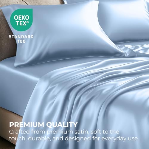 Satin Sheets Twin [3-Piece, Baby Blue] Hotel Luxury Silky Bed - Product Imagery