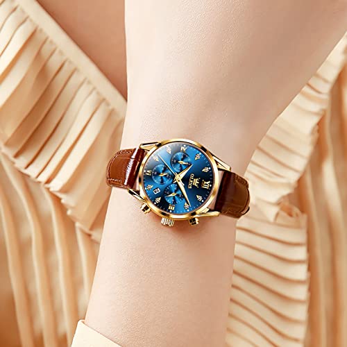 OLEVS Women's Watches Brown Leather Strap Analog Quartz Rose - Product Imagery