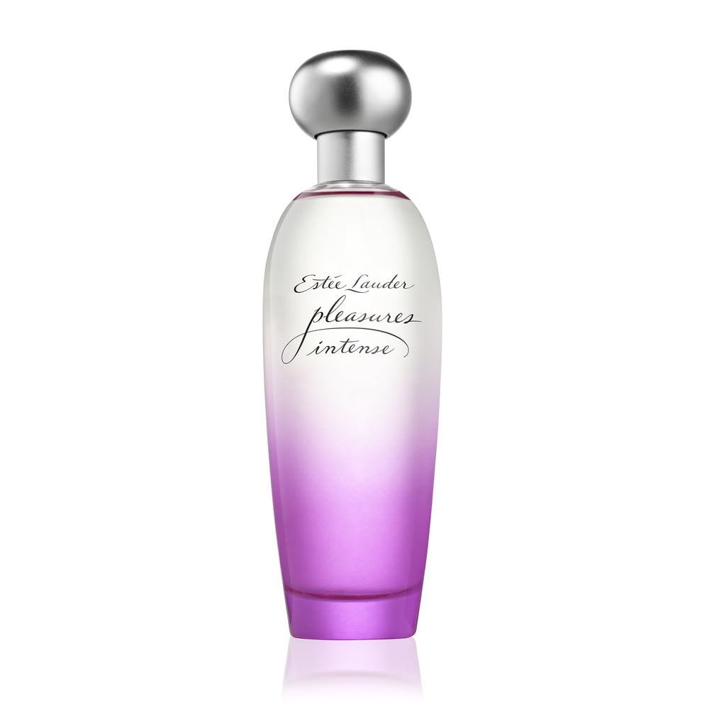 Elefair Estée Lauder Pleasures Intense Eau de Parfum spray with peony and pink tiger notes, featuring a sleek perfume bottle.