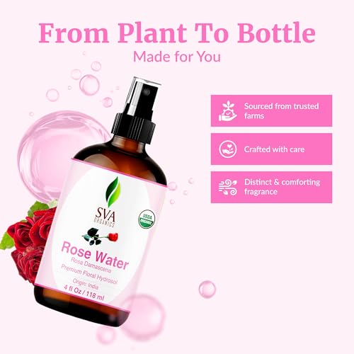 SVA ORGANICS Rose Water, Glass Bottle with Spray, 4 Fl Oz (118 - Product Imagery
