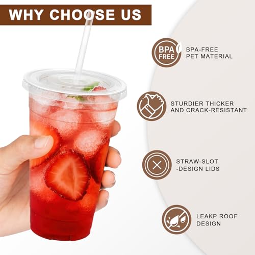 Lamosi 100 Pack 20 oz Plastic Coffee Cups with Lids, Disposable - Product Imagery