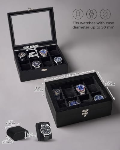 ProCase 8 Slot Wooden Watch Display Case With Glass Lid, - Product Imagery