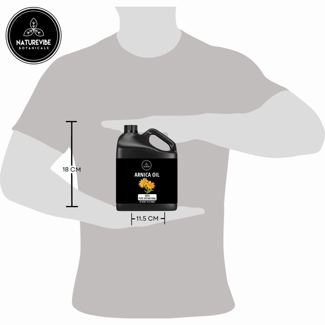 Naturevibe Botanicals pure arnica oil in a 32 oz bottle, suitable for massage and skin moisturizing, shown in the image.
