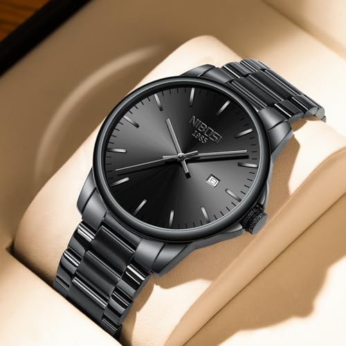 NIBOSI Men Watches Analog Quartz Stainless Steel Black Watches - Product Imagery