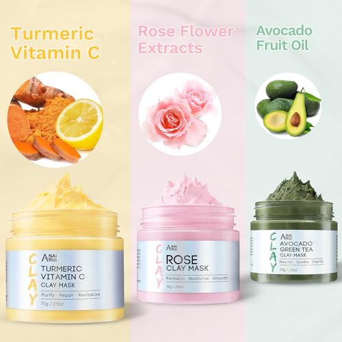 ANAI RUI 3 Pack Clay Mask Set, Rose,Turmeric, Avocado 2.5 oz Each - Product Imagery
