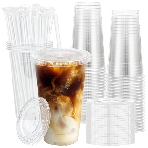 Lamosi 100 Pack 20 oz Plastic Coffee Cups with Lids, Disposable - Product Imagery