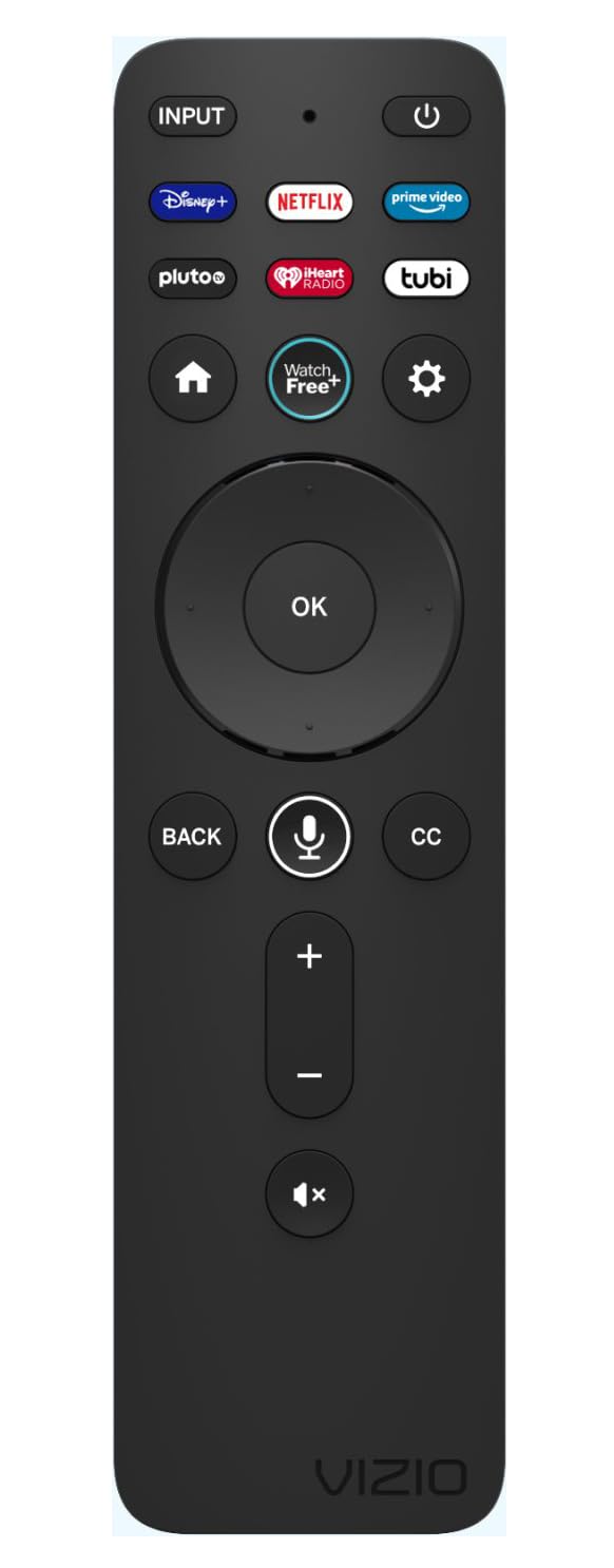 VIZIO Voice Remote XRT260 with buttons for TV control and voice commands, black remote control device.