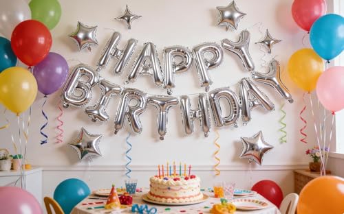 Silver Happy Birthday Balloons Banner Sign Mylar letter Party - Product Imagery