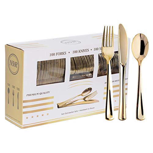 300PCS Gold Plastic Silverware, Disposable Plastic - Product Imagery