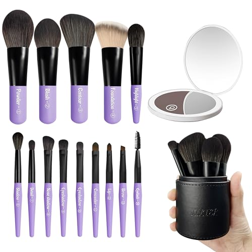 Jilier 14 pcs Mini Makeup Brushes and Pocket Mirror Travel - JILIER Official Imagery - 1