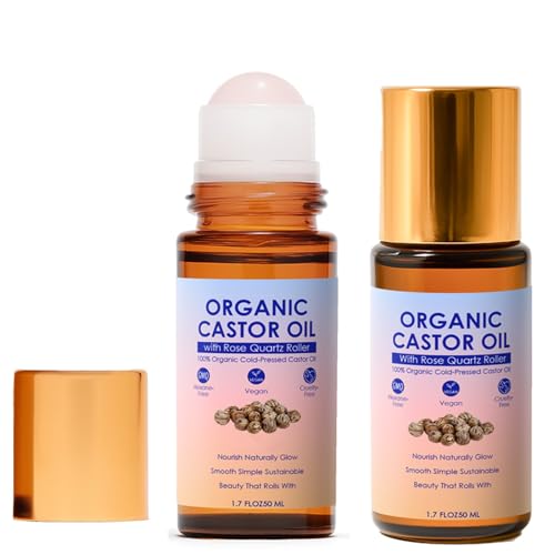 tuyapio Organic Golden Castor Oil Roll-On with Rose Quartz Roller, Cold-Pressed Pure Organic Castor Oil Roller Ball for 