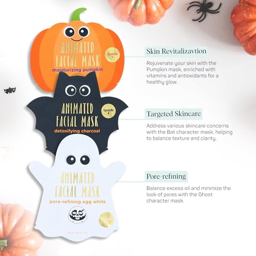 SpaLife Facial Mask Sheet Bundle - Pumpkin, Ghost, Bat - Hallo... - Product Imagery