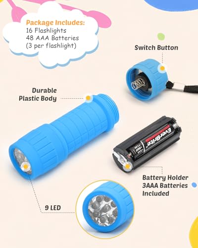 EverBrite 16‑Pack 9‑LED Mini Flashlights, 48 AAA Batteries - Product Imagery