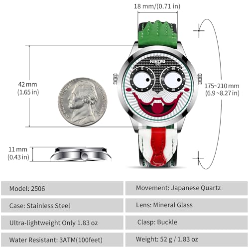 NIBOSI Men's Analog Watch, Green Red Leather Strap, Clown Dial - Product Imagery