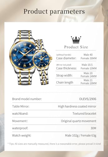 OLEVS Couple Quartz Watch Luminous Calendar Date Business Formal - Product Imagery